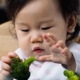 Baby girl eating brocoli