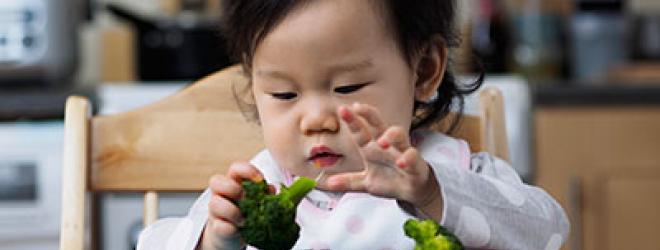 Baby girl eating brocoli