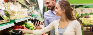 Couple shopping fruits and veggies