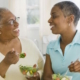 Mom and daughter eating produce