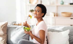 Healthy,Nutrition,Concept.,Pretty,Black,Woman,Eating,Yummy,Vegetable,Salad