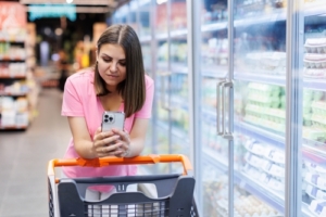 Woman,Using,Mobile,Phone,In,Grocery,Shopping.,Checklist,Application,Buying