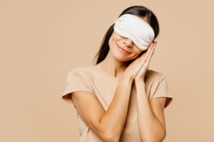 Young,Calm,Latin,Woman,Wear,Pyjamas,Jam,Sleep,Eye,Mask